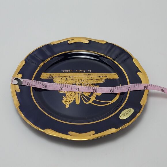 Oro De Ley Cobalt Blue 18k Gold Ceramic Plate La Cibeles Madrid 8 Inches - Picture 3 of 11